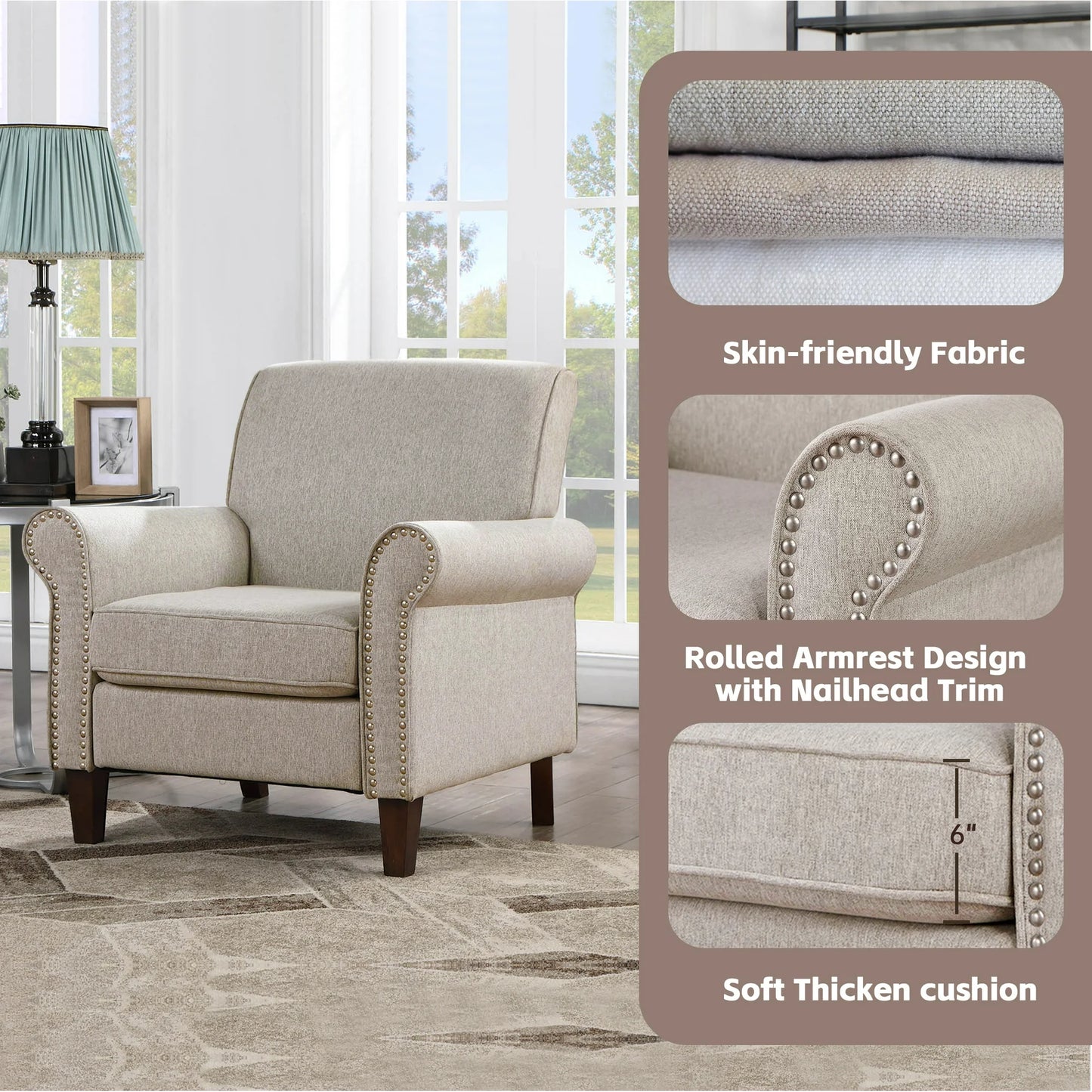 TrumanPick Linen Accent Chairs Upholstered Armchair with Nail-Head Trim Cozy Arm Chair for Living Room Bedroom,Beige