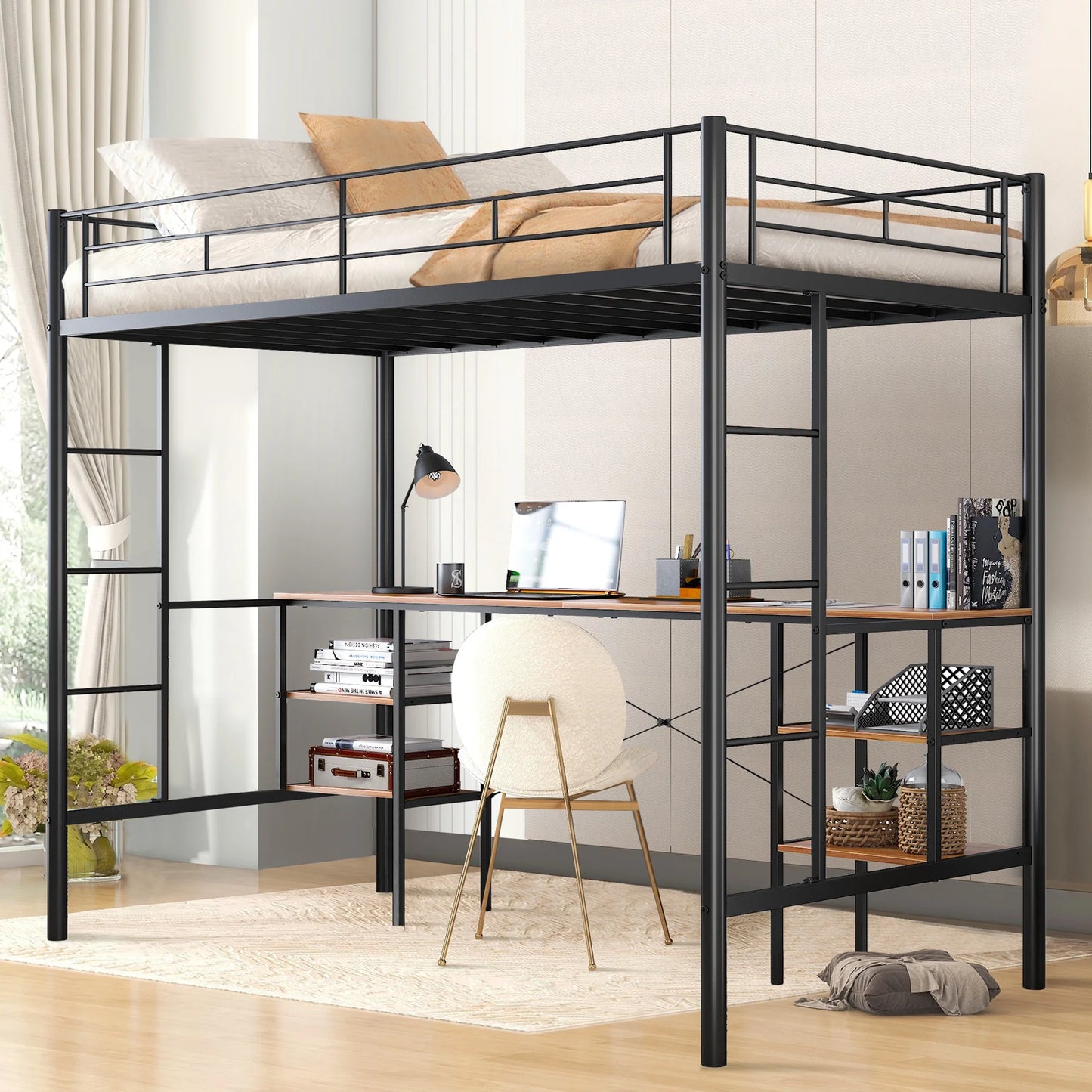 UHOMEPRO Twin Loft Bed with Desk, Metal Frame, 4 Storage Shelves, Ladders and Safety Rails, Black