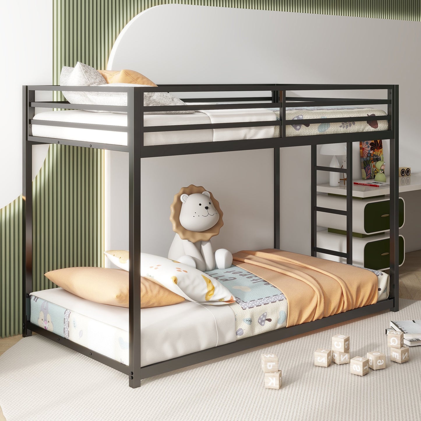 Sesslife Metal Twin Over Twin Bunk Beds, Heavy Duty Bed Frame with Ladder and Safety Full-Length Guardrails, Low Profile Junior Bunk Bed for Kids Teens Adults, Noise-Free, No Box Spring Needed, Black