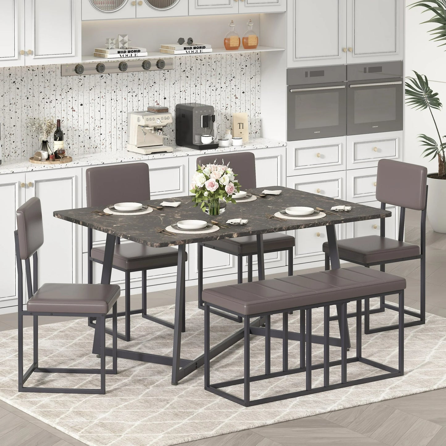 UHOMEPRO 6-Piece Dining Room Set, Faux Marble Dining Table with 4 Leatherette Chairs & Bench Set, Modern Rectangular Kitchen Table Set for Bar Living Room Small Space, Space-Saving Design, Brown