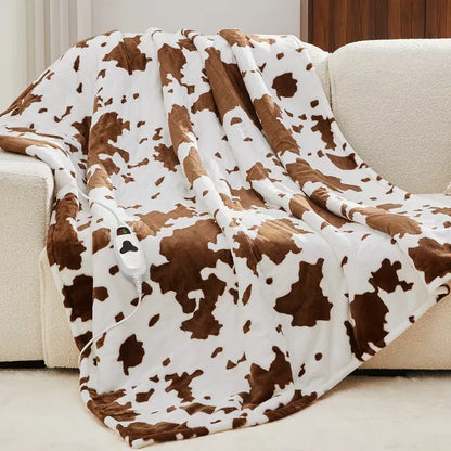Inhand Heated Blanket Electric Throw - 50"x60" Cow Print Flannel Heating Blanket Throw Auto-Off 10 Heat Level Over-Heat Protection