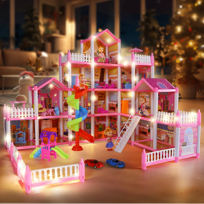 JoyStone Dollhouse, 16 Rooms Playhouse with 4 Dolls Playset with Furniture&Light Strip& Rotating Slide, Gift Toy for Kids Ages 3-8