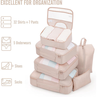 OKAKA 7 Set Packing Cubes Luggage Organizer Bags Lightweight Breathable for Travel Accessories,Beige
