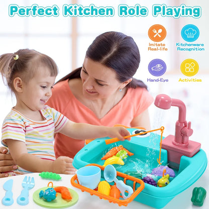 JoyStone Kitchen Play Sink Toys, Dinosaur Electronic Dishwasher Sink with Running Water, Fishing Game Toys and Play Food for Kids, Green