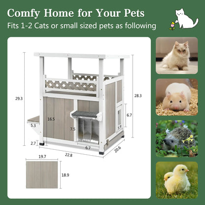 PETSCOSSET Outdoor Cat House 2 Story Wooden Houses for Outside Feral Cats Weatherproof Indoor Cat Condo with Large Balcony 2 Escape Doors to Enhanced Safety, Easy Slide Bottom, Simple Assembly