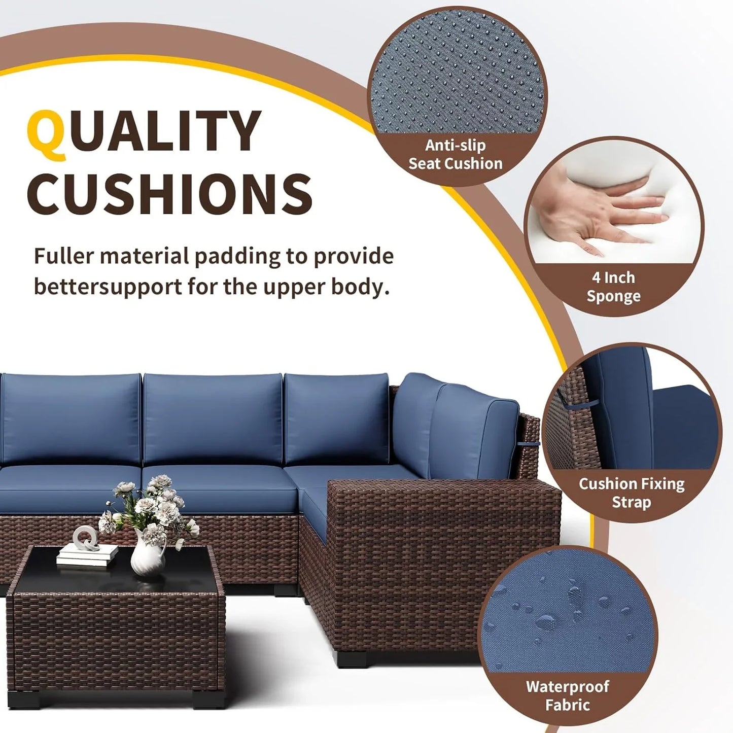 UDPATIO 6-Piece Patio Furniture Set, Outdoor Patio Sofa Set With Wide Armrest, All-Weather Wicker Rattan Guest Set With Cushion And Glass Table And Waterproof Cover, Brown & Navy Blue