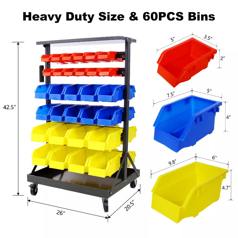 Dolonm 60 Parts Bin Rack Garage Storage Unit 6 Tiers System Steel Shelf with Portable Wheels, Mobile Tool Organizer Plastic Bins (6 Tiers)