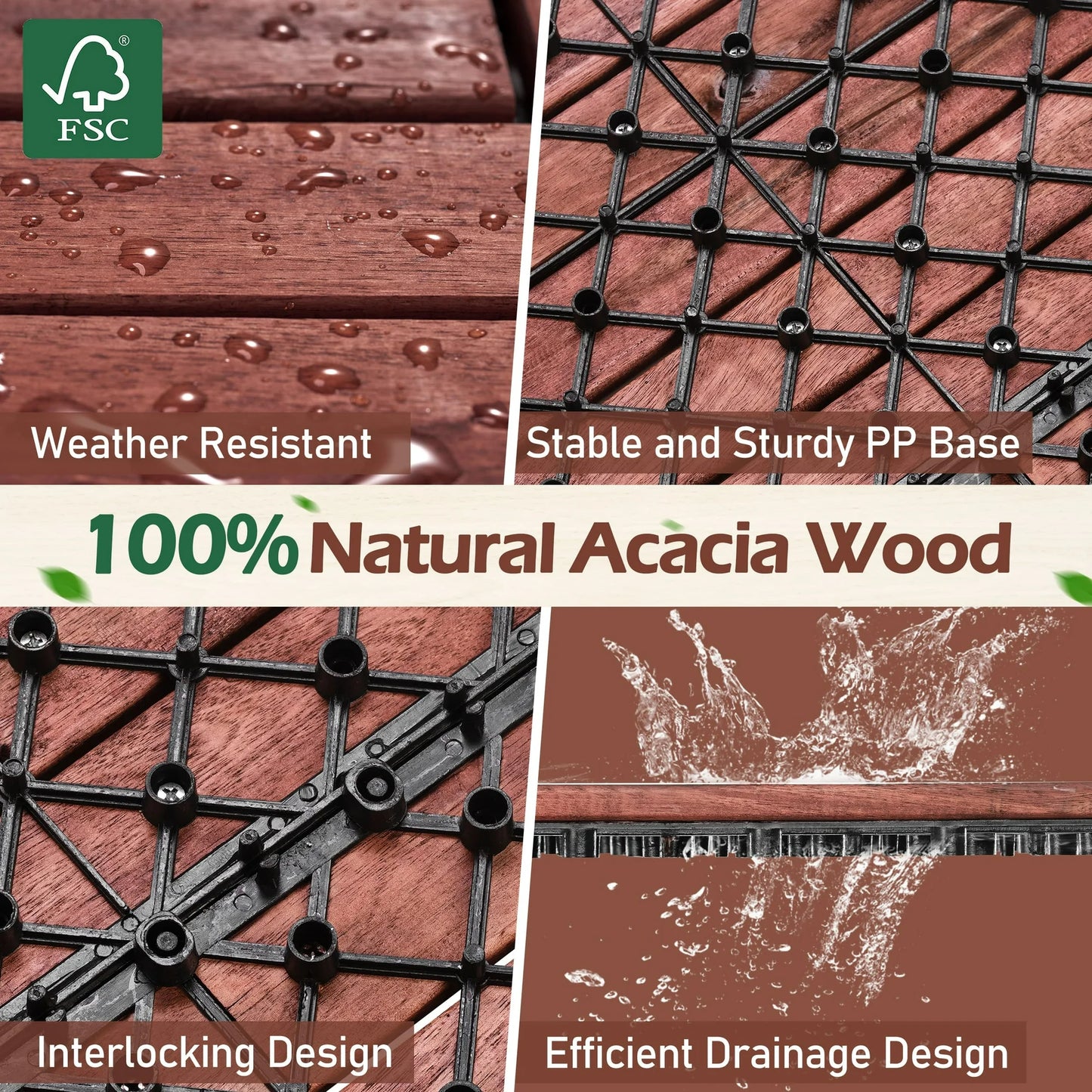 TrumanPick 12 PCS Deck Tiles Outdoor Waterproof Flooring Tiles for Backyard Garden Poolside, All Weather Use, Brown- 24" x 12"
