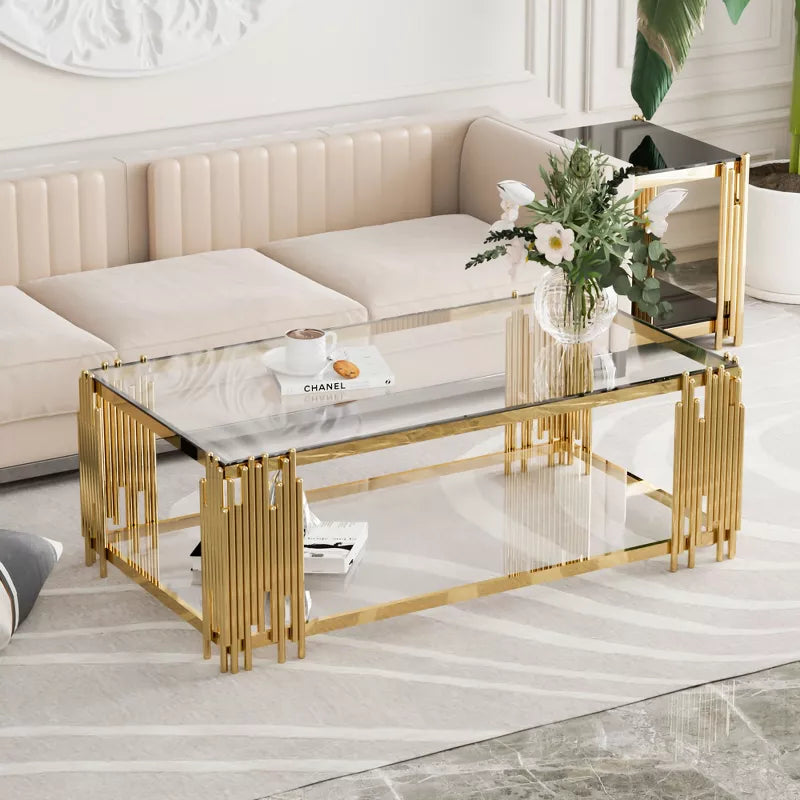 Dolonm Stainless Steel Rectangle Glass Coffee Table for Living Room 51.18" Modern Center Table with Clear Tempered Glass 8mm Gold Leg