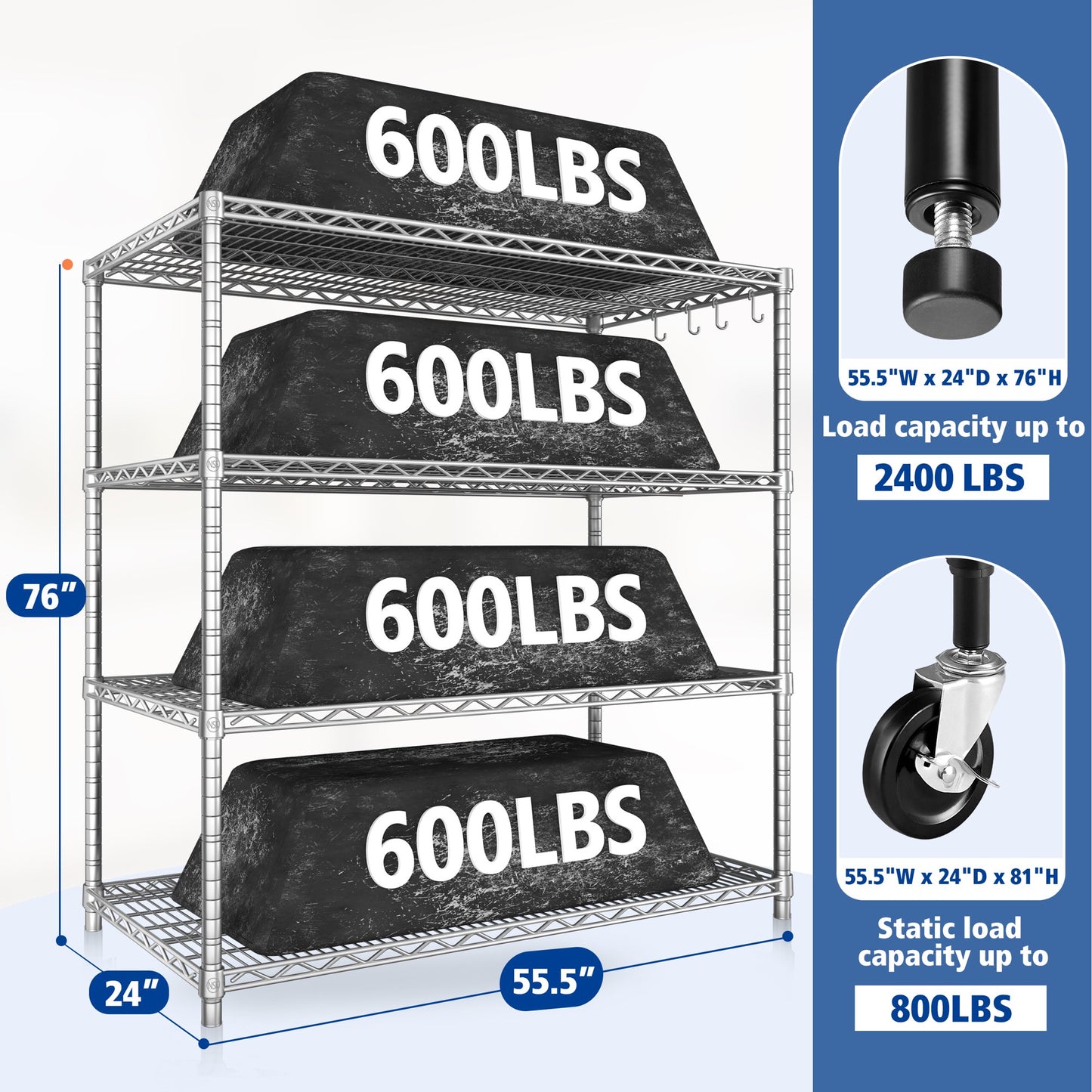 TrumanPick 2400lbs Wire Garage Storage Shelves, 4 Tier Adjustable Heavy Duty Garage Storage Shelving Unit 55.5"W x 24"D x 76"H ,Chrome