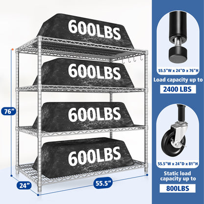 TrumanPick 2400lbs Wire Garage Storage Shelves, 4 Tier Adjustable Heavy Duty Garage Storage Shelving Unit 55.5"W x 24"D x 76"H ,Chrome