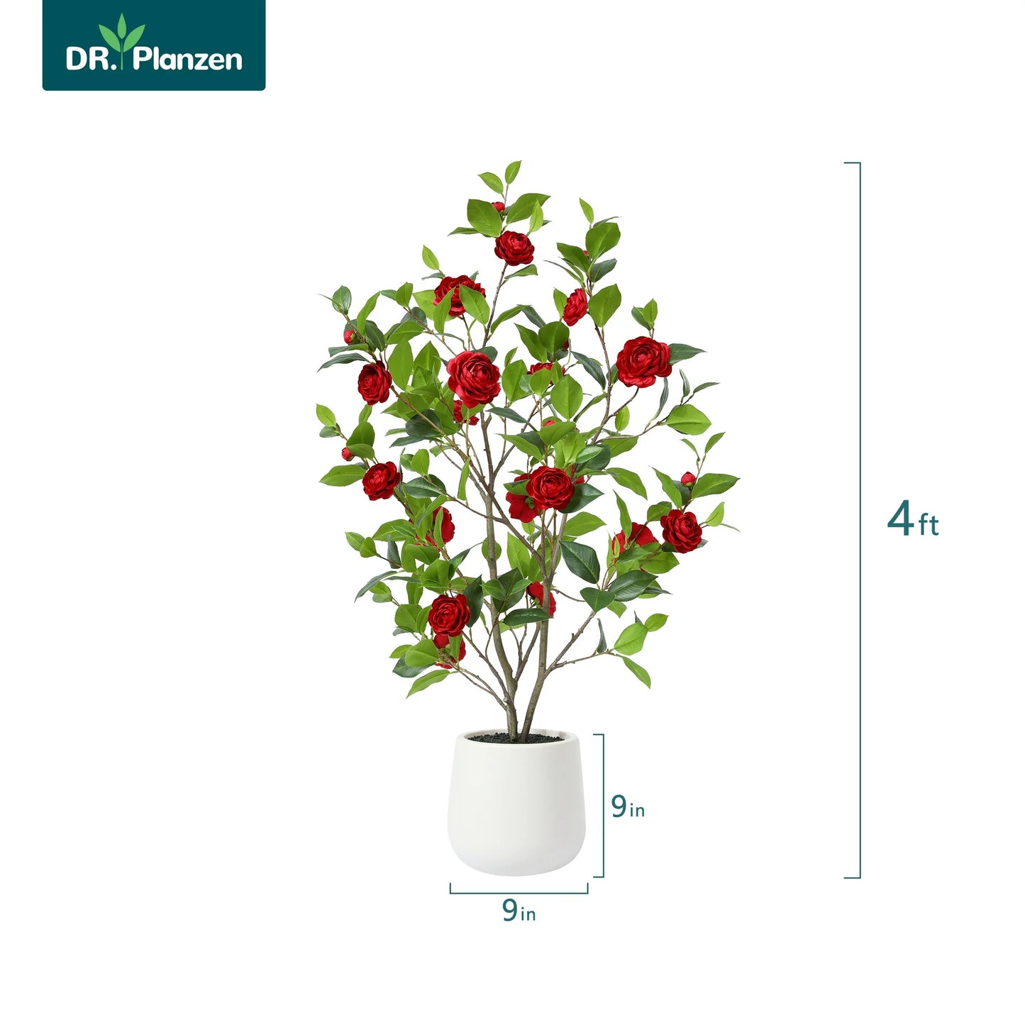 4ft Artificial Red Camellia Tree with 9 inch White Planter, Tall Fake Camellia Trees with Red Flowers, Faux Camellia Silk Plants for Indoor, Large Plants for Home Decor