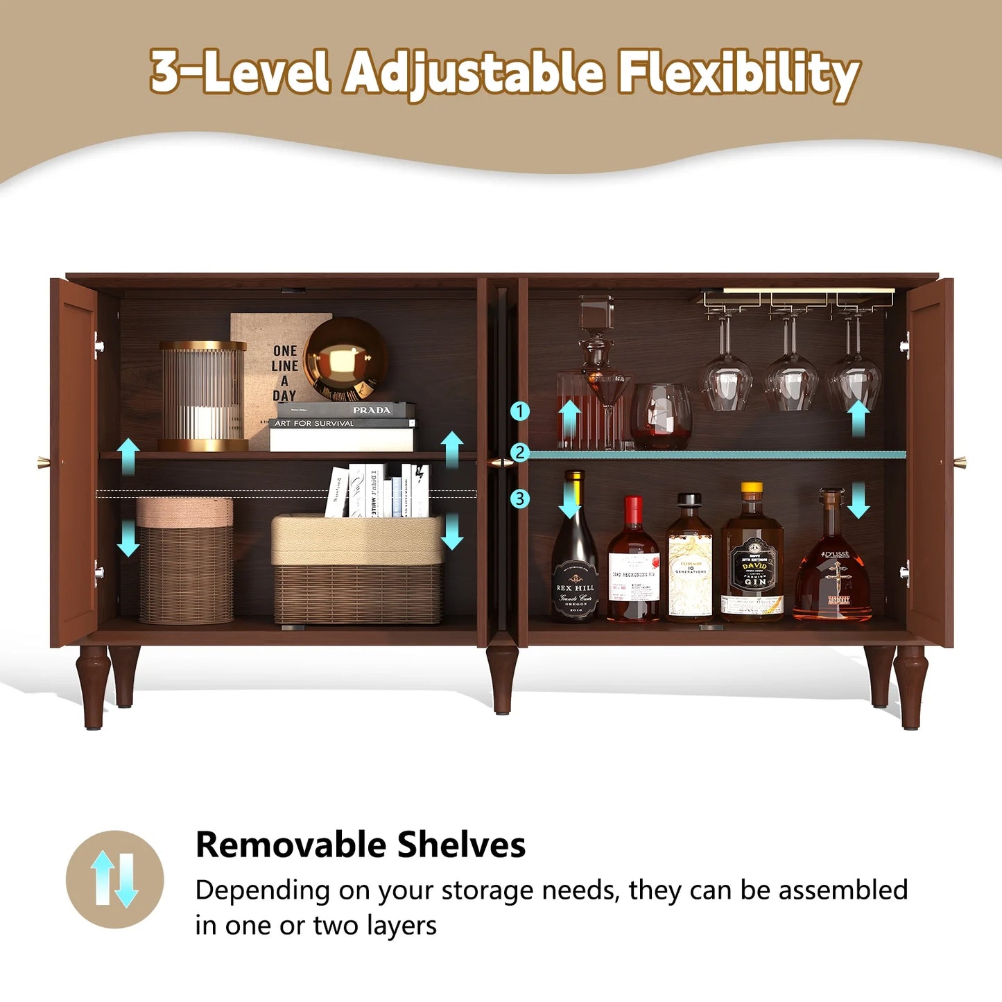 CBJCBJ Mid Century 58'' Wood 4 Door Sideboard Buffet Cabinet for Living Dining & Bedroom (Brown)