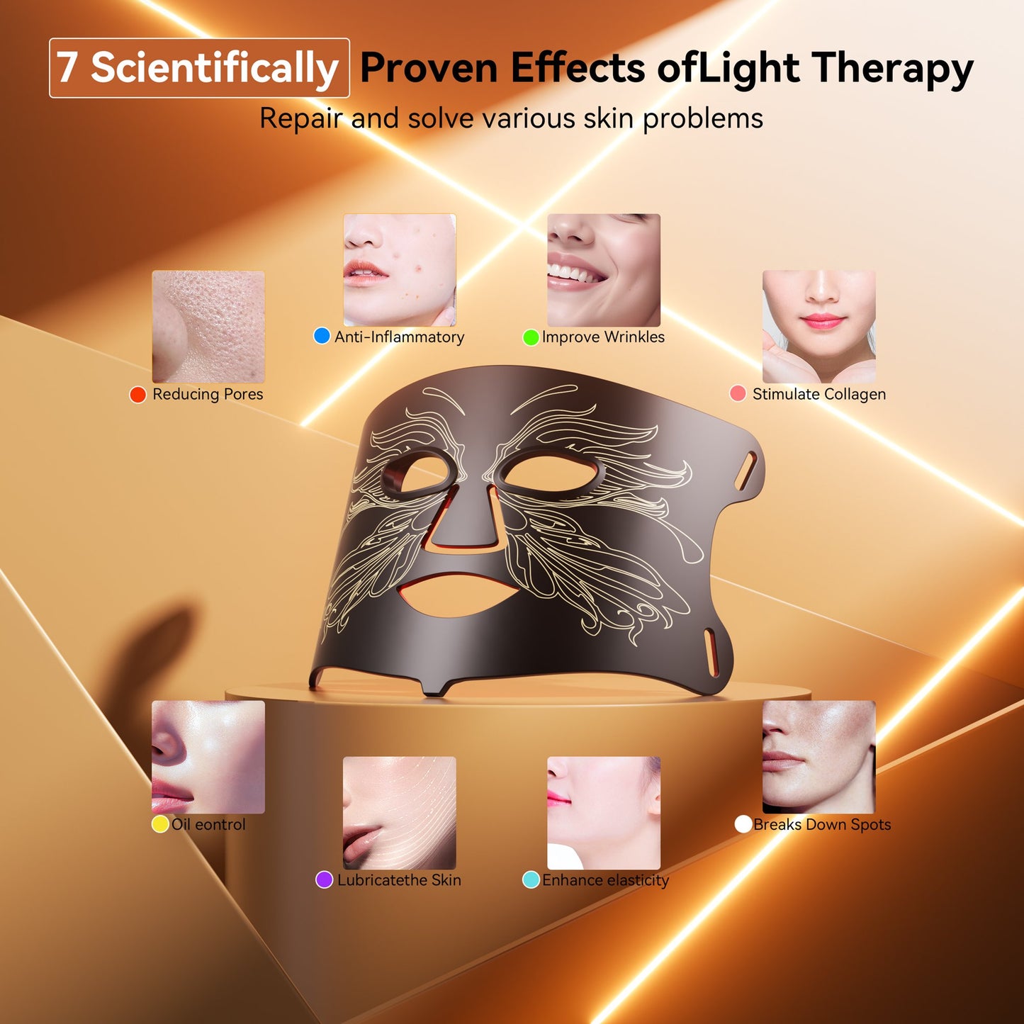 SMALLRT Red Light Therapy for Face, 7 Modes LED Face Mask & Neck Mask Light Therapy At Home, Black