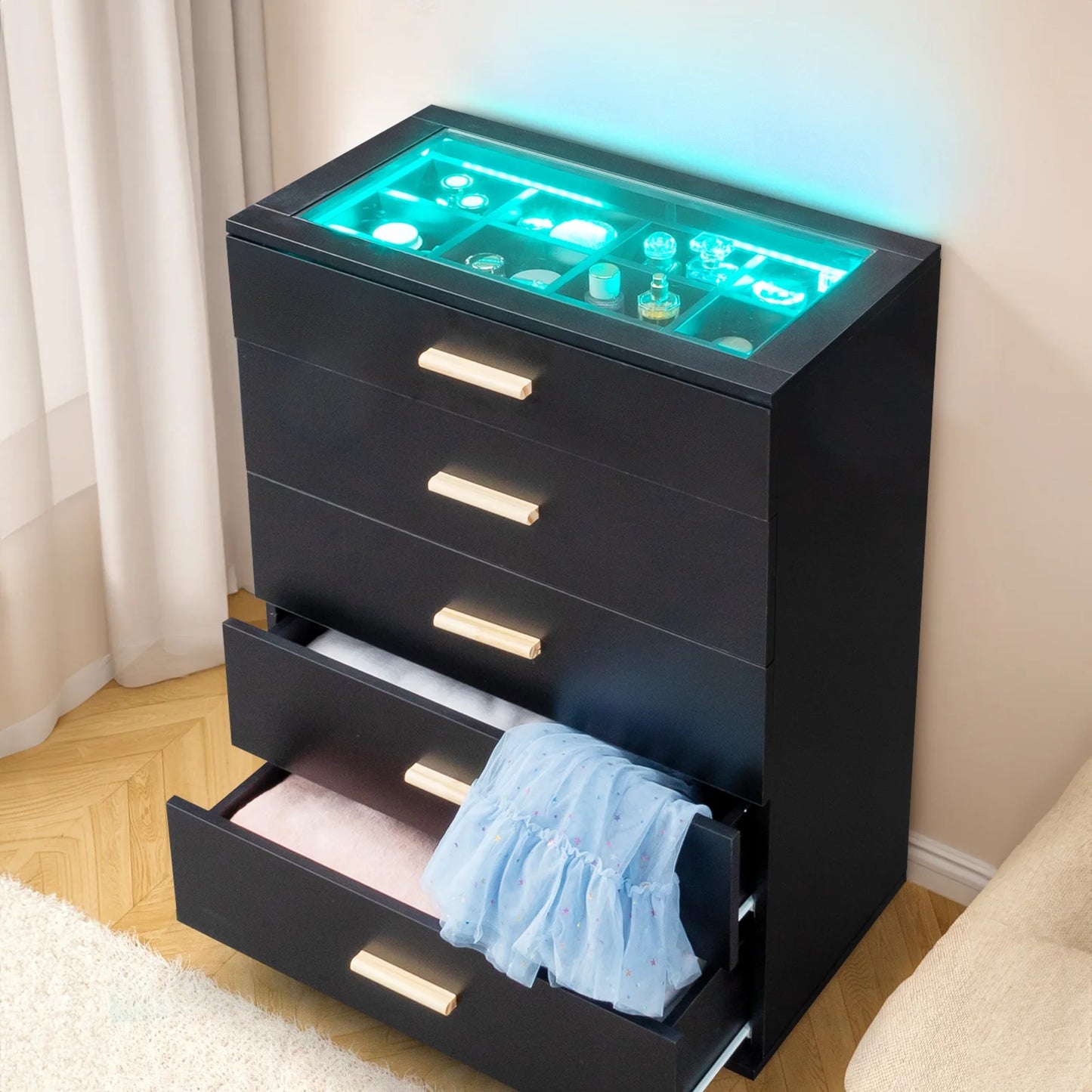 UHOMEPRO Black 5 Drawer Dresser, Chest of Drawers for Bedroom, Modern Storage Cabinet Dresser with Jewelry Organizer Unit and LED Lights for Living Room, Closet, Hallway, Nursery
