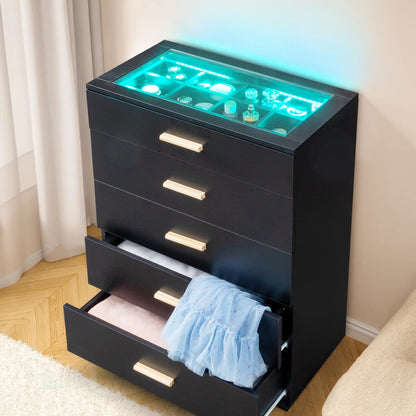 UHOMEPRO Black 5 Drawer Dresser, Chest of Drawers for Bedroom, Modern Storage Cabinet Dresser with Jewelry Organizer Unit and LED Lights for Living Room, Closet, Hallway, Nursery