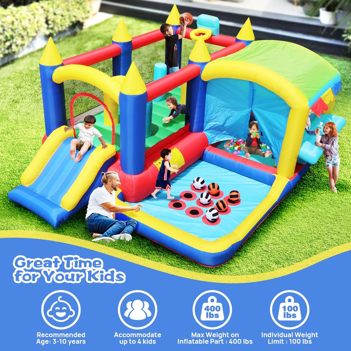 COCLUB Inflatable Bounce House, Bounce House for Kids 3-6 with Blower, Slide, Ball Pit, 50 Ocean Balls, Indoor/Outdoor Jump House for Birthday Party Gifts