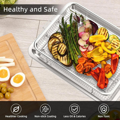 Air Fryer Basket for Oven, Large 11.8" x 15.7" Oven Air Fryer Basket and Tray Set, Stainless Steel Air Fryer Pan and Crisper Tray for Baking Grilling (Silver)