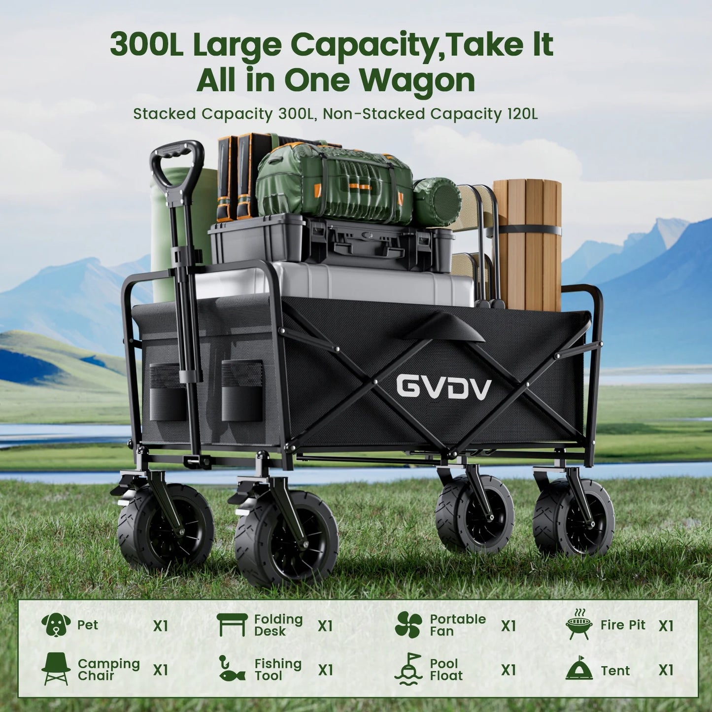 GVDV Collapsible Folding Wagon, 550LBS Large Heavy Duty Utility Cart with All-Terrain Wheels and Adjustable Handles for Shopping, Camping, Sports, Outdoor, Beach, Black