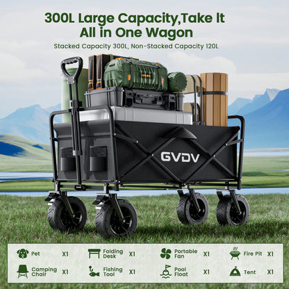GVDV Collapsible Folding Wagon, 550LBS Large Heavy Duty Utility Cart with All-Terrain Wheels and Adjustable Handles for Shopping, Camping, Sports, Outdoor, Beach, Black