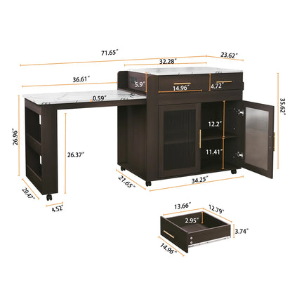 CBJCBJ Kitchen Island with Storage | Expandable Retractable on Wheels 71.65" L| Space-Saving of Island Cart Brown