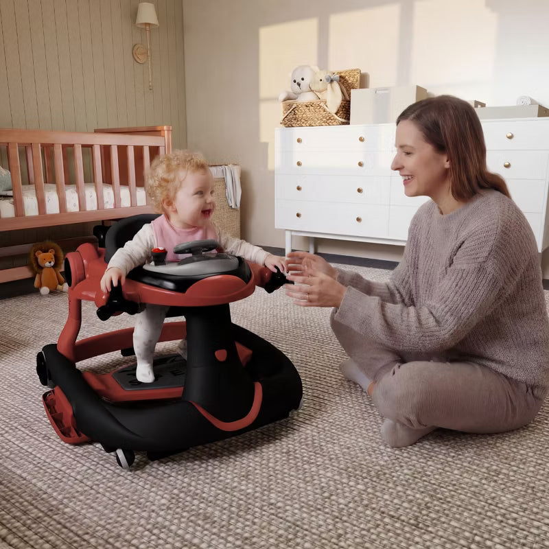 Kinder King 5-in-1 Baby Activity Walker, Convertible Push & Sit-in Walker with Adjustable Height, Foldable, Stable Design, Red