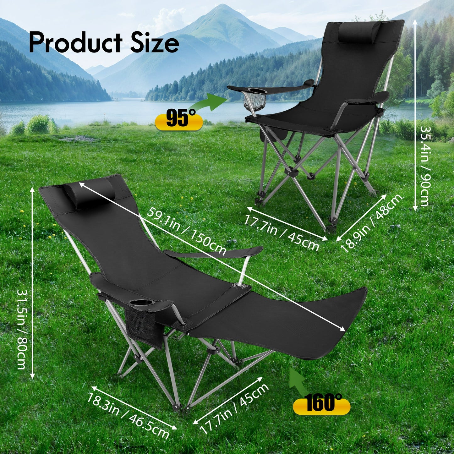 AMTPM Camping Chairs, Adjustable Folding Chairs 330lbs with Detachable Footrset for Camping Hiking Gardening Travel Beach Picnic, Adult