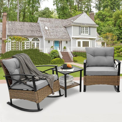 3 Pcs Patio Rocking Bistro Set, PE Wicker Bistro Set with Soft Cushion, 2 Chairs and 1 Steel Top Side Table, Outdoor Conversation Set for Patio Backyard Porches - Gray