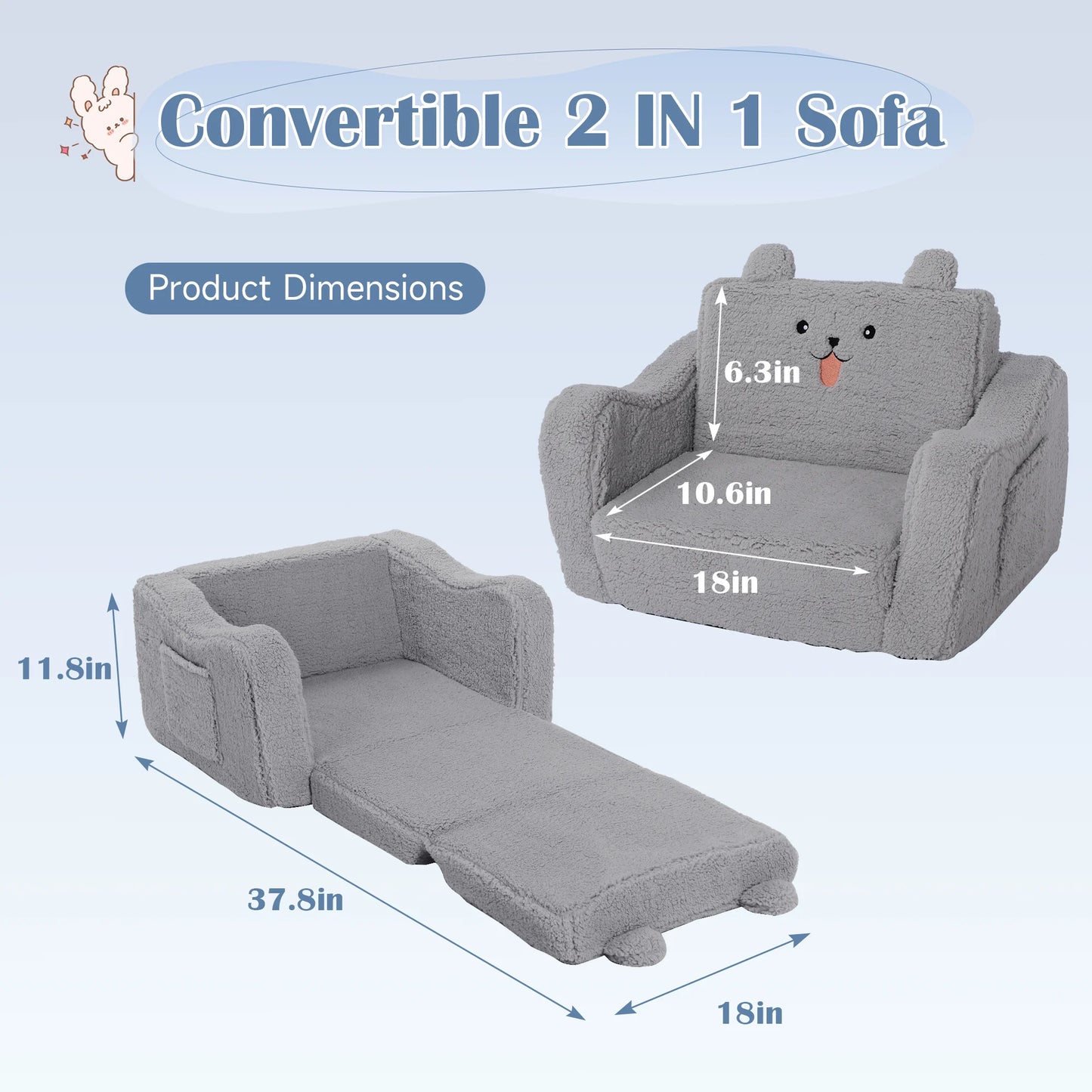 AILEEKISS Toddler Sofa, Foldable Kids Sofa Couch, Convertible Baby Lounger Chair for Playroom, Grey