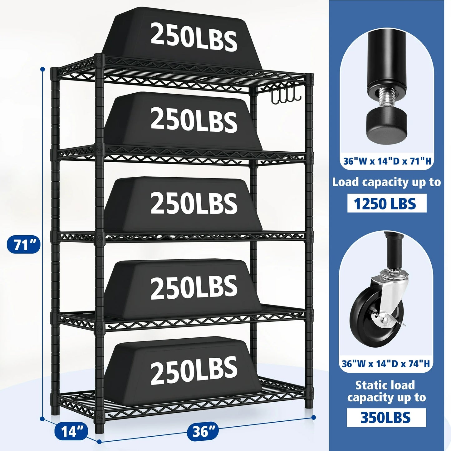 TrumanPick Wire Shelving - 5 Shelf Adjustable Heavy Duty Steel Wire Rack Storage Shelves Organizer for Kitchen, Garage, 36"W x 14"D x 71"H, Black