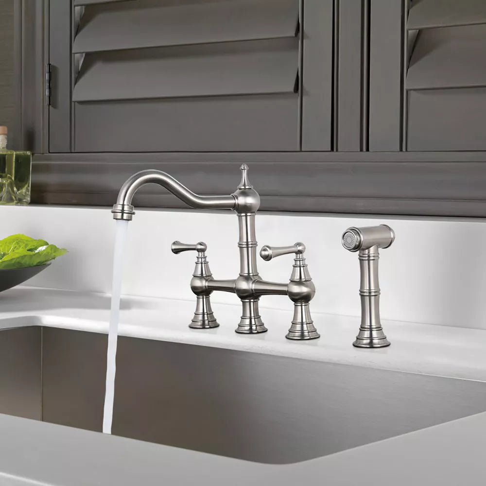 WOWOW Double Handle Bridge Kitchen Faucet with Side Sprayer in Brushed Nickel