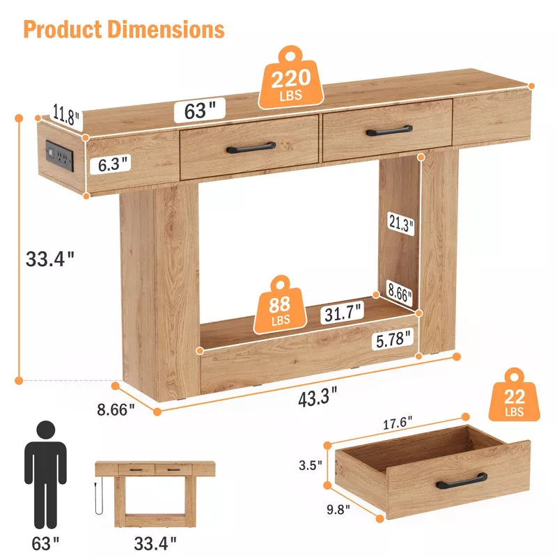 Dolonm 2-Tier 63" Console Desk with 2 Drawers,U-shaped Base with Power Outlet & USB Ports LED Lights,for Entrances,Corridors,Behind Sofas
