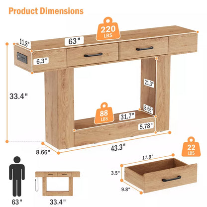 Dolonm 2-Tier 63" Console Desk with 2 Drawers,U-shaped Base with Power Outlet & USB Ports LED Lights,for Entrances,Corridors,Behind Sofas