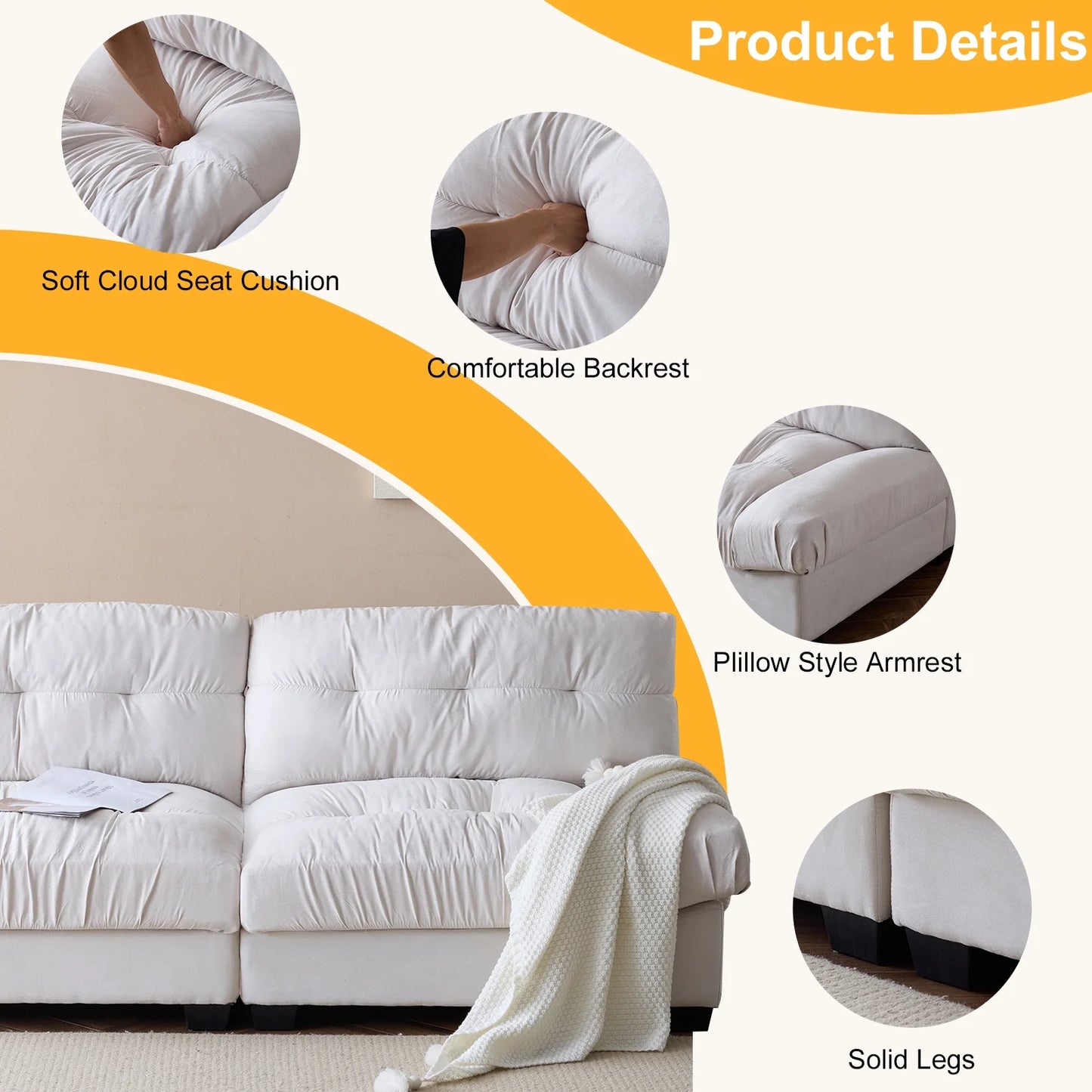 Ktaxon 80" Sectional sofa Cloud Deep Seat Couch Suede Fabric Sleeper Loveseat for Living Room,Apartment and Small Space Beige