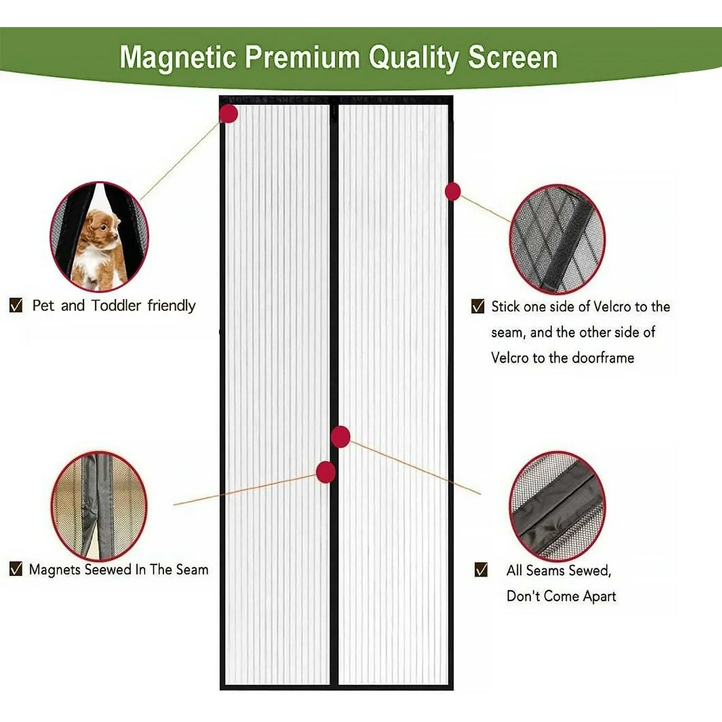 Magnetic Screen Door, Door Curtain Screen Size 37 x 82 Inch / 95 x 210mm, Stronger Magnets, Hands Free Mesh Partition Keeps Bugs Out, Pet and Kid Friendly, Easy Adhesive Mounting Without Drilling