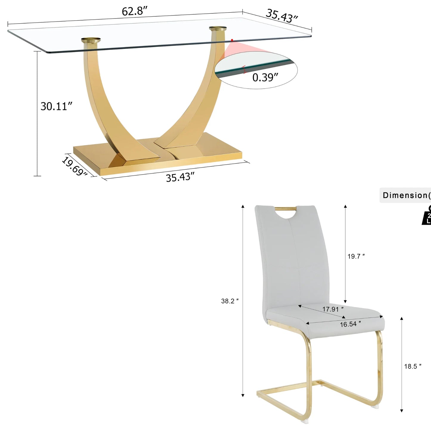 Sumdeal 63" Glass Dining Table Set for 4,Gold Dining Room Table Set for 4,Modern Kitchen Table and PU Leather Chairs for 4,Gray with Gold Leg C Shape