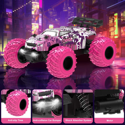 BEEPRINCESS Remote Control Car, 1:18 Scale All Terrain RC Cars, 2WD 20Km/h with Colorful LED Light and 2 Rechargeable Batteries, RC Monster Truck Off-road Racing Car Toys for Kids and Boys, Pink