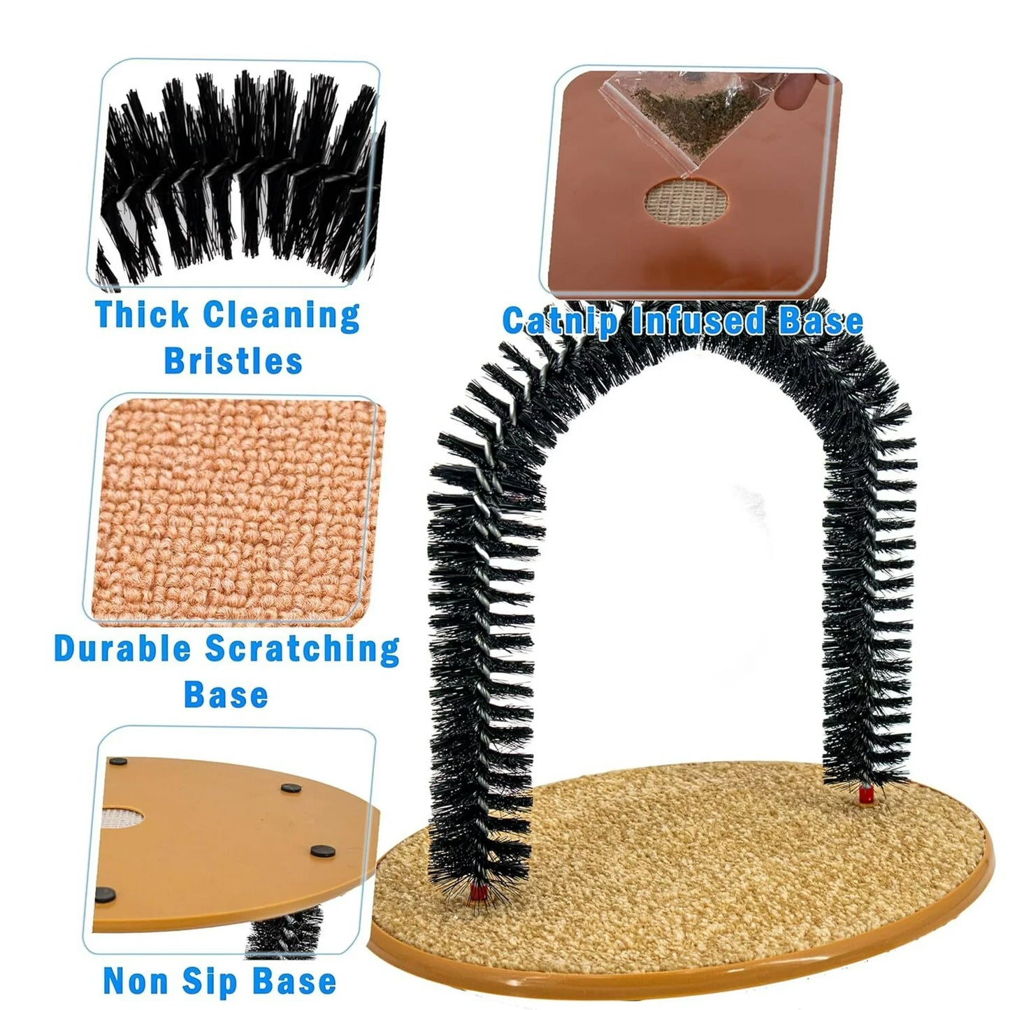 Cat Self-Groomer Arch, Cat Back Scratcher Cat Brush, Bristle Ring Brush Cat Arch with Carpeted Base, Back Scratcher and Massager for All Size Cats