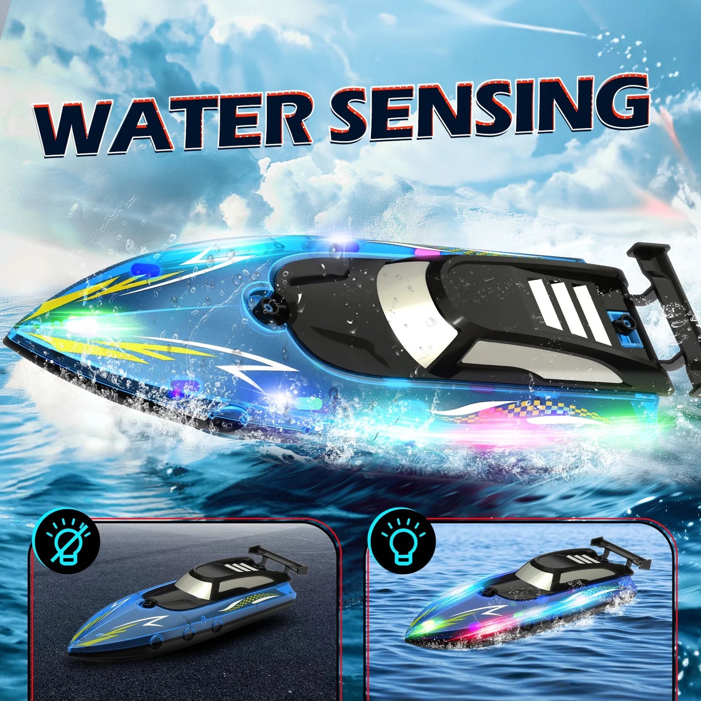JoyStone RC Boat with LED Lights for Adults and Kids - 2.4Ghz Remote Control Boat for Pool and Lakes, 360°Flip Stunt Racing Boats, Gifts for 8-12 Boys Girls(Blue)