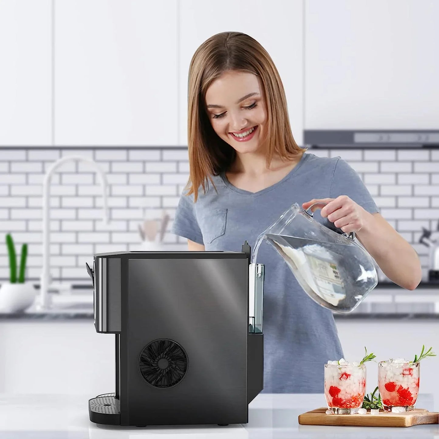 Auseo Compact Ice Maker with Soft Chewable Ice, 44 Lbs/24H, Self-Cleaning, One-Click Operation for Home/Party(Black)