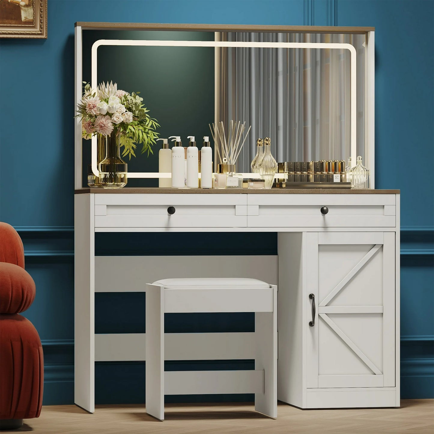 Vanity Desk with Mirror and Lights, PAPROOS Vanity Table Makeup Desk with 2 Drawers and 1 Cabinet, Large Mirror Vanity Set with Glass Table Top and Cushioned Stool for Bedroom, 43.3 Inch, White