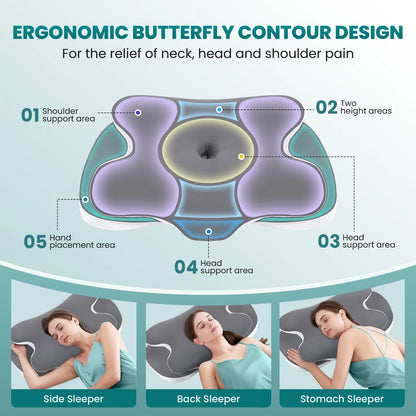 RTB-JINXIA Cervical Neck Pillows, Memory Foam Pillow with Cooling Silk Case for Neck & Shoulder Pain Relief, Side & Back & Stomach Sleepers