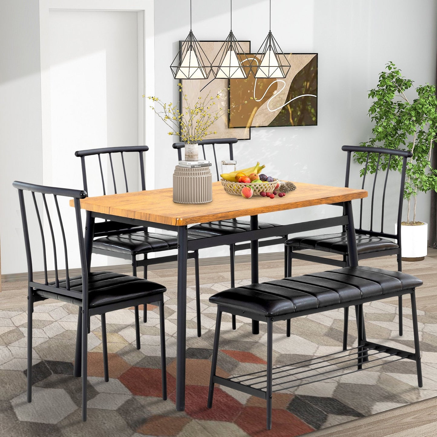 PAPROOS Dining Table Set for 6, Modern 6 Pcs Kitchen Table Set with Wooden Top and Metal Frame, Dinette Sets for Breakfast Nook, Dining Room Table with Upholstered Chairs and Bench Set, Brown&Black