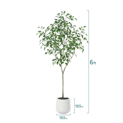 6ft Fake Ficus Tree with Oval White Planter, Pre Potted Faux Greenry Plant for Home Decor Office House Living Room Indoor Outdoor, Big Fake Plants Fake House Plants
