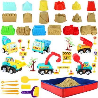 CROSOFMI Play Construction Sand Kit - Foldable Sandbox with 2lbs Sand, 6 Mini Trucks, 10 Road Signs and Modeling Tools - Perfect Gift for Kids Ages 3+