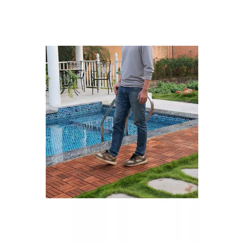 Acacia Wood Interlocking Deck Tiles - 12"x12" Brown Checker Pattern Outdoor Flooring for Patio, Balcony & Poolside