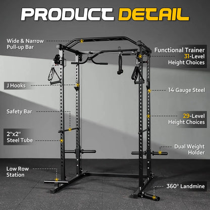 Mikolo Power Cage, Squat Rack, Dual Pulley Cable Crossover System, Multi-function Free Weight Home Gym Workout Machine with Strength Training Attachments