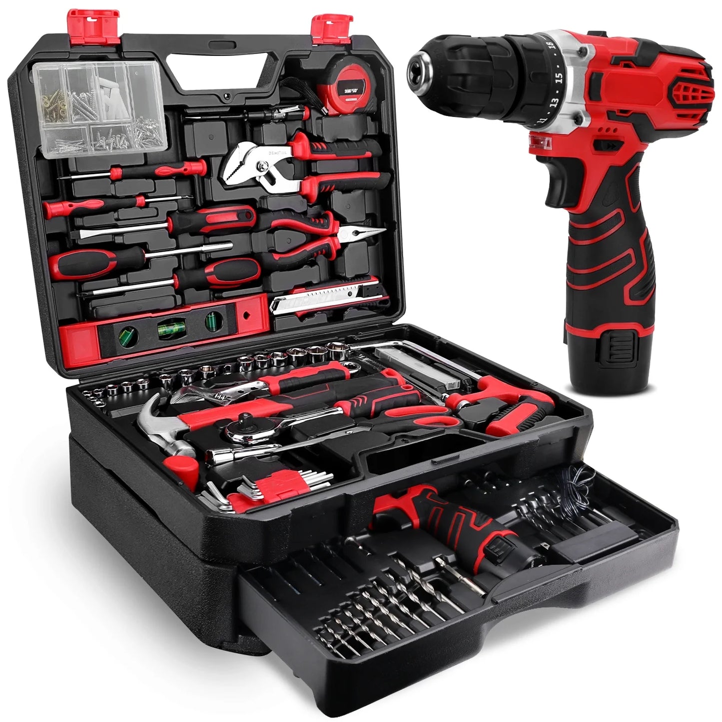 TOPHDY Tool Set with 12V Cordless Drill ,276 piece Tool Set Driver Toolbox Storage Case with Drawer, Professional House Repair Driver Set