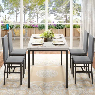 Hooseng Modern Style 5-Piece Dining Room Table And Chairs Set, Faux Marble MDF Table Top and Velvet Upholstered Chairs Dining Table Set for 4