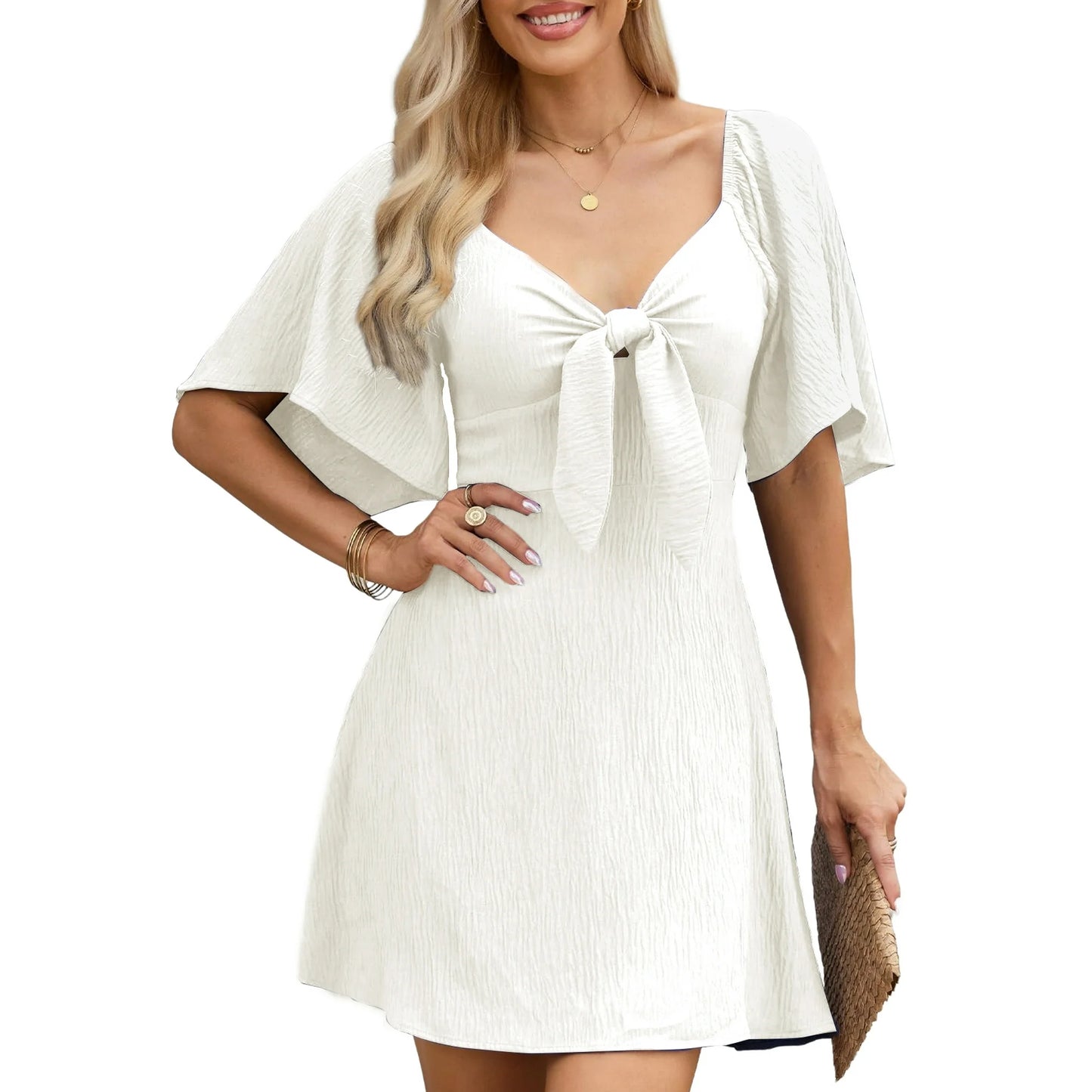 UVN Summer Dresses for Women Short Sleeve V Neck Midi Dress Elegant Bow Tie Beach Sundress